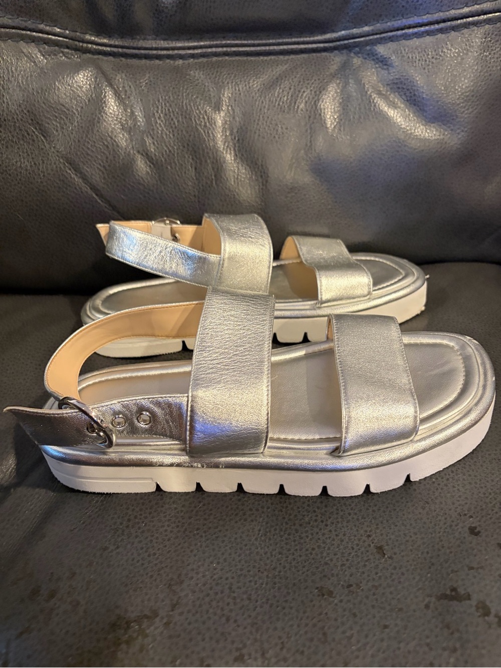 Stuart Weitzman Silver Metallic Leather Platform Sandals
